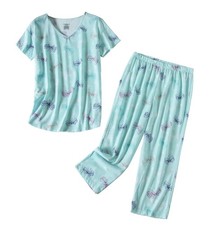 Womens Cotton Pajama Sets Short Sleeve Top With Capri Pants 2 piece sets for ...