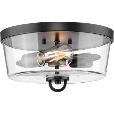 PROGRESS LIGHTING 12 in. Huntscroft 2-Light Matte Black Flush Mount Glass Shade