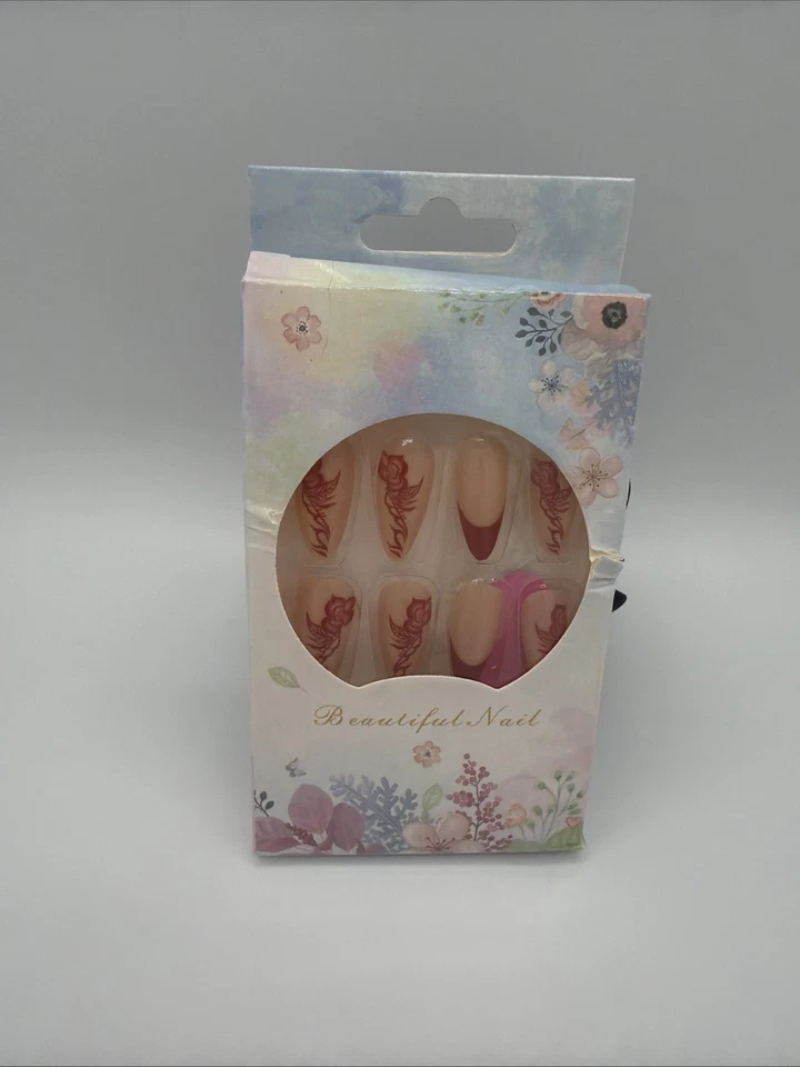 Faux Ongles Nude Motif Rouge Tattoo French 24 Capsules - Photo 1/4