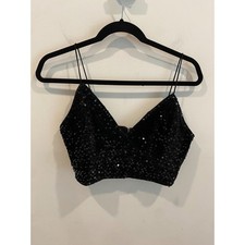 Black Sequin V-Neck Crop Top Spaghetti Strap Back Zip Party Clubwear Sleeveless
