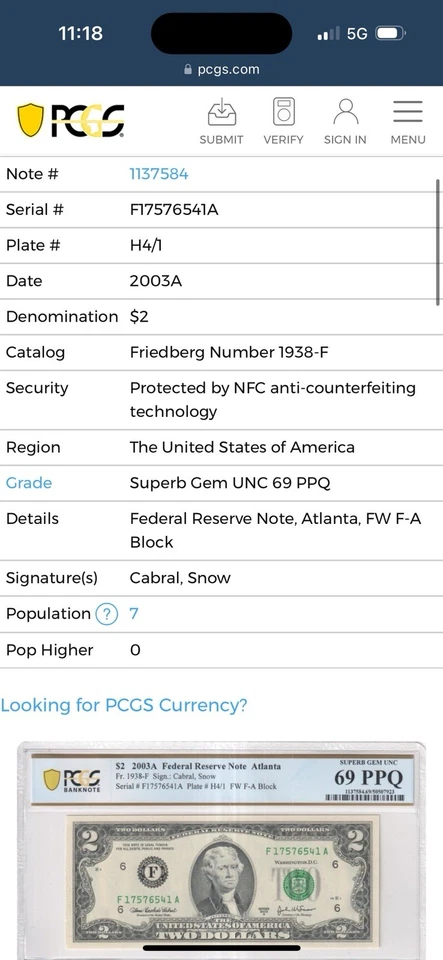 Top Pop 7/0-2003A-$2.00- Federal Reserve Note- Atlanta- PCGS- 69PPQ- FR. 1938-F - Image 3 of 3