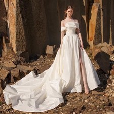 White Off-the-Shoulder Satin Wedding Dresses A-Line with HighSlit  Chapel Train