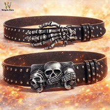 Gothic Punk Skull Belt Black Rock Style Metal Biker Studded Unisex Skeleton Belt