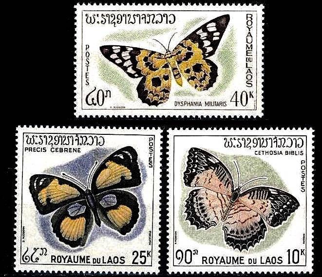 LAOS 1965 BUTTERFLIES / INSECTS SC#101-103 VF MNH (d0477)