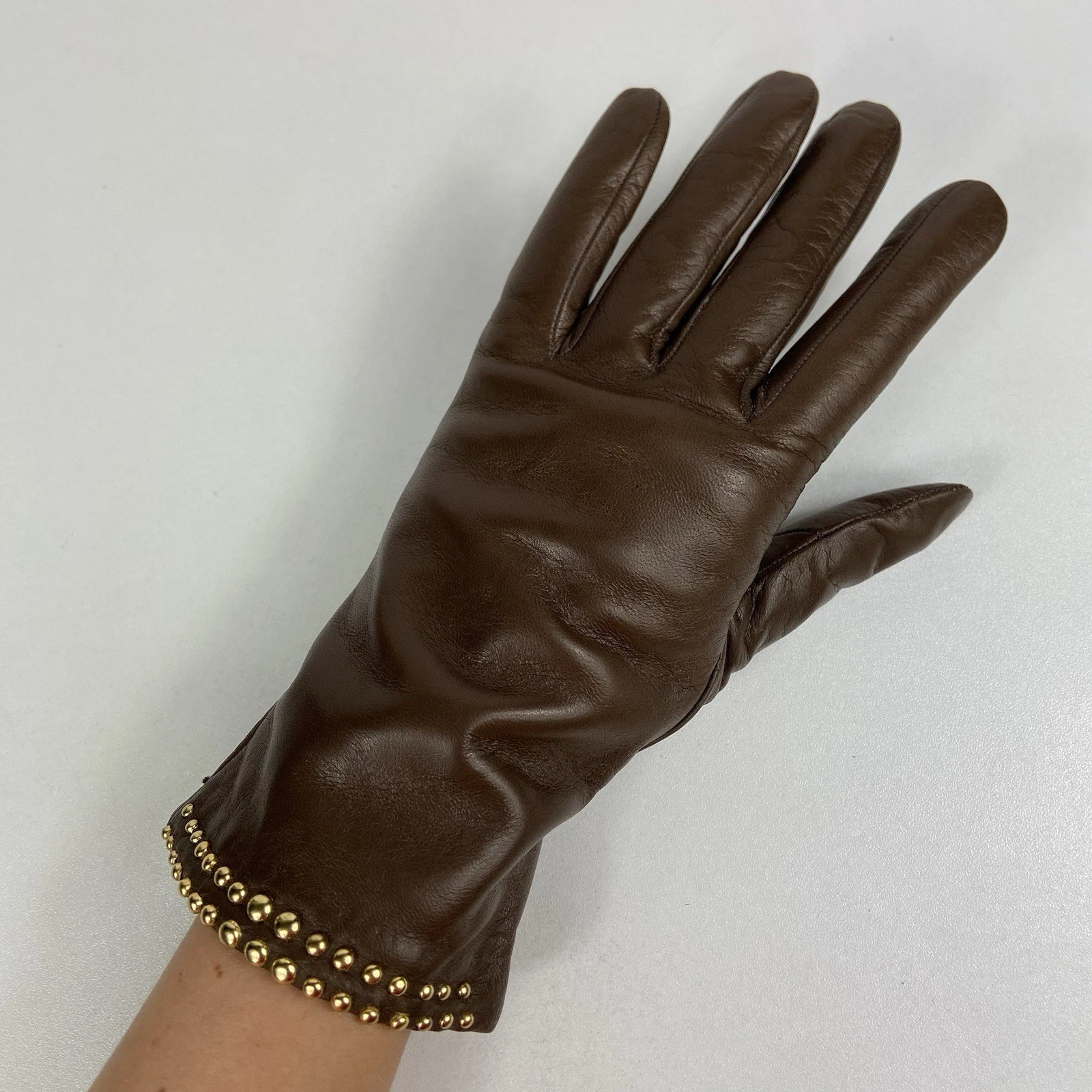 Vtg Portolano Leather Gloves Wool & Angora Lined Sz 7.5 Gold Studded Lambskin ?