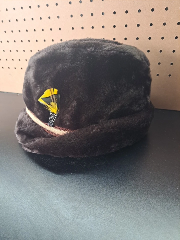 Sombrero Fedora acolchado de piel sintética vintage para hombre L con orejeras pluma marrón oscuro Foto 2 de 4
