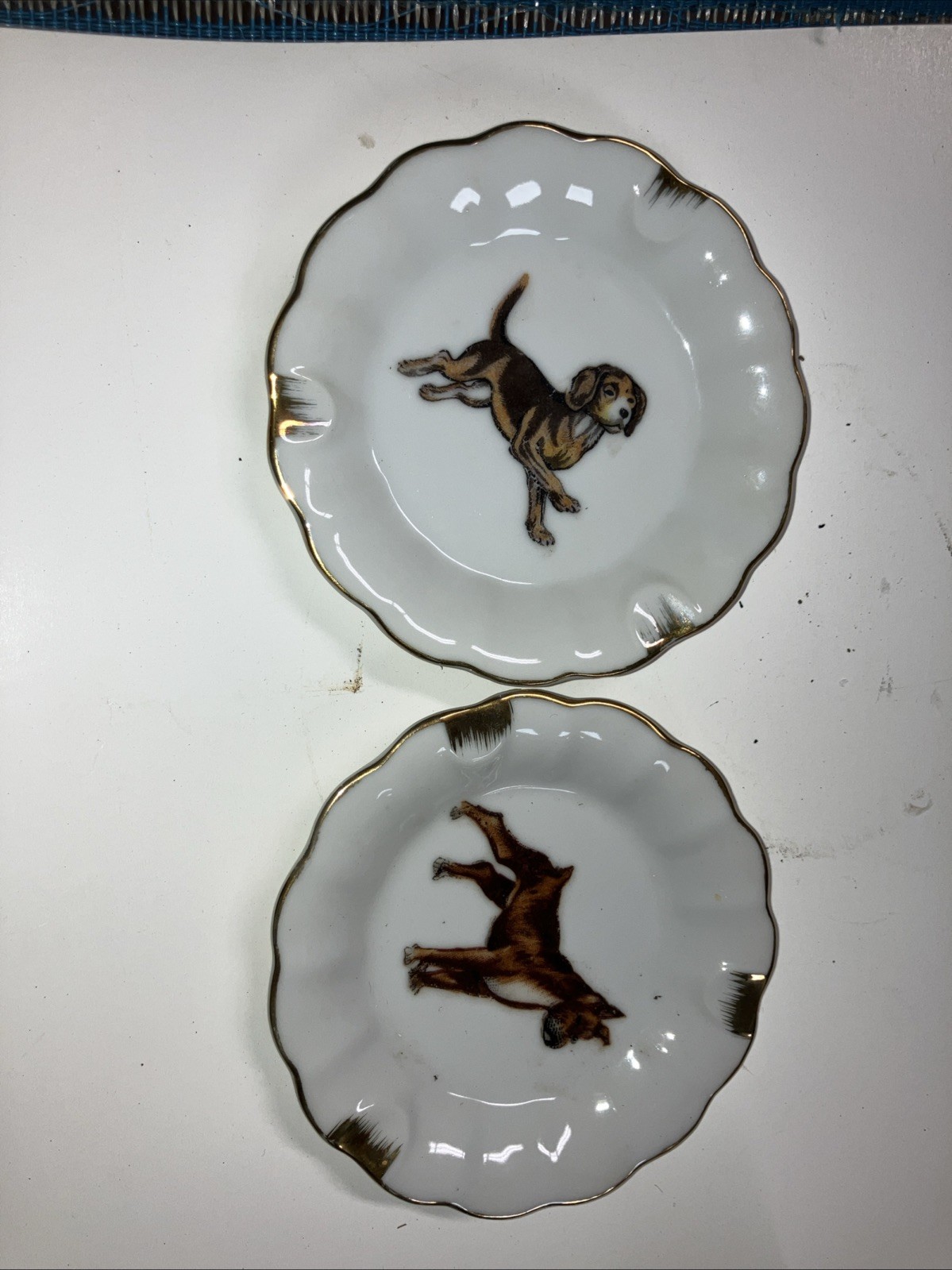 Vintage Antique Dishes, Plates With Dogs And Gold Rim On Edg