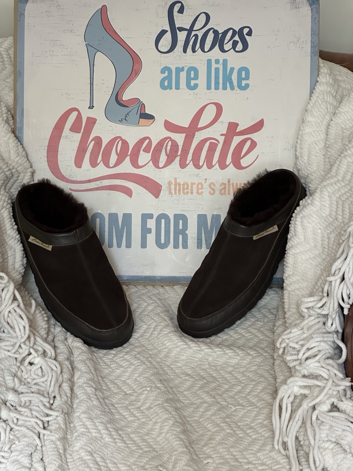 SAOLA Ciabatta Eddie Bauer foderata in shearling mucca scamosciata suola rigida graffi uomo taglia 11 M EXC