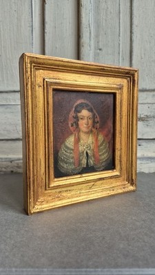 Antikes Miniatur Portrait eines Mädchens, Europäisches Ölgemälde, Volkskunst Gemälde 