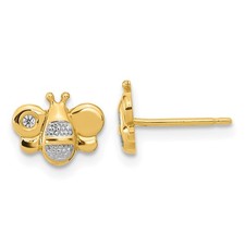 14k Yellow Gold Polished with White Rhodium Cubic Zirconia Bee Stud Earrings