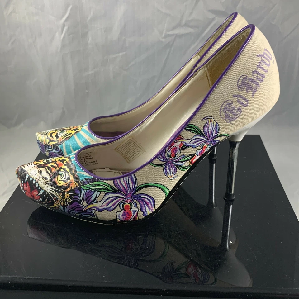 ED HARDY GRAPHIC TIGER FLORAL LOVE WOMEN'S METAL HIGH HEEL SIZE 5 - WORN / USED - Image 3 of 4