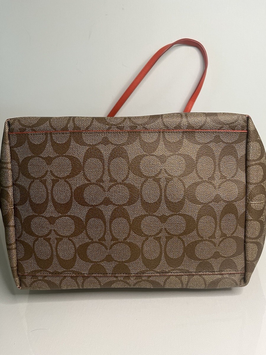 New COACH Signature Logo Zip Tote Khaki Tan Canvas Orange