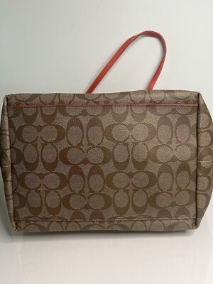 New COACH Signature Logo Zip Tote Khaki Tan Canvas Orange Leather