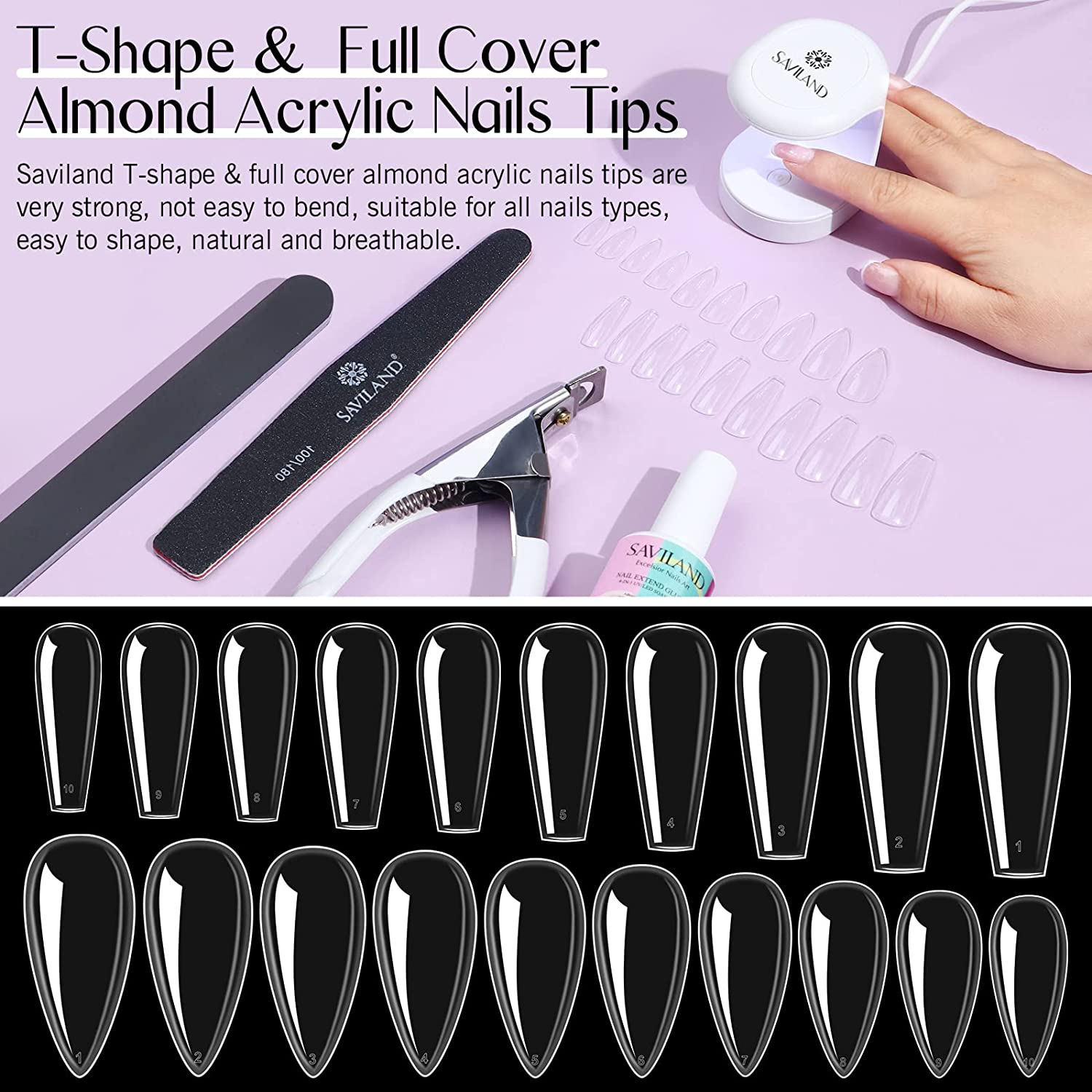 Saviland Nail Tips and Glue Gel Kit 500PCS Long Press on Nails Clear