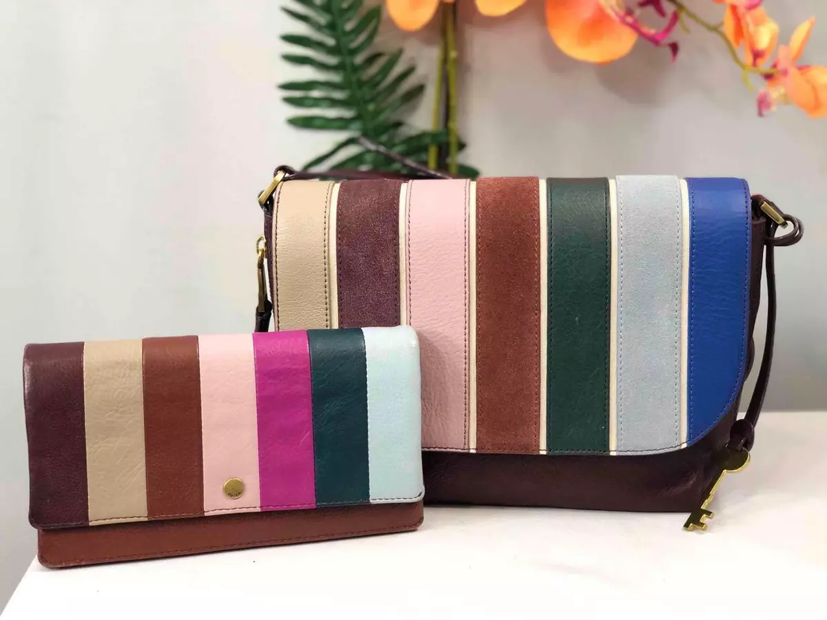 FOSSIL Maya Wide Striped Leather Flap Crossbody Bag Bi fold