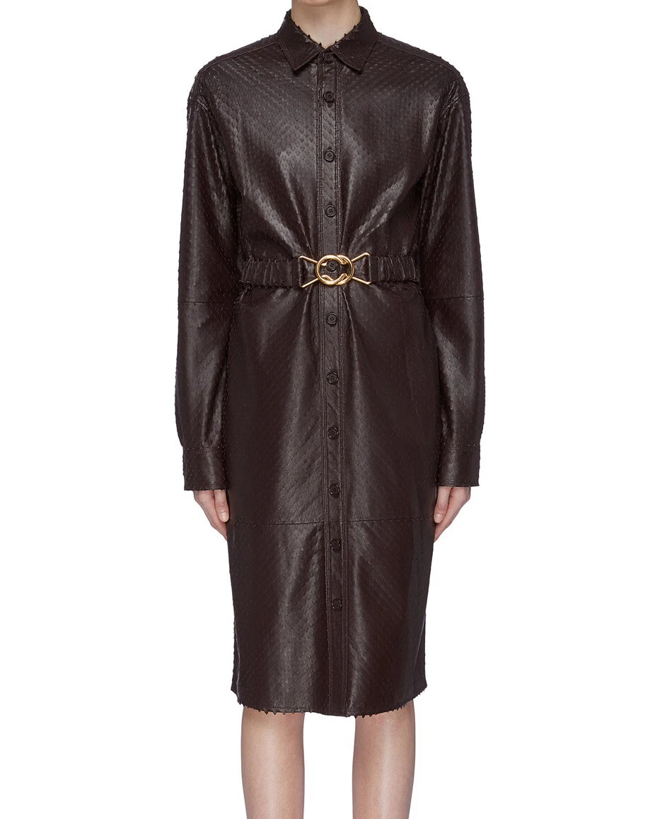 BOTTEGA VENETA RARO ABITO CAMICIA PELLE TAGLIO LASER CON CINTURA ESAURITO NUOVO CON ETICHETTE $7200 TG42