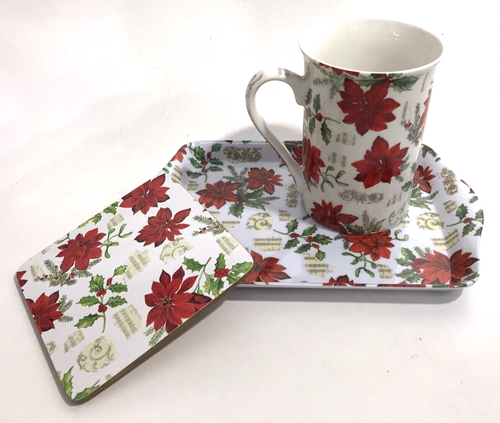 Christmas Poinsettias Mug Coaster and Tray Ceramic by Home Essentials New in Box - Picture 3 of 7