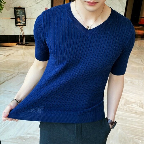 Men Knitted Vest V-Neck Short Sleeve 
