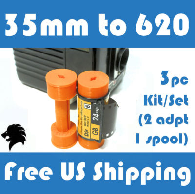 35mm to 620 Medium Format Folding/Box Camera Film Spool Adapter Set-Kit (3pcs)