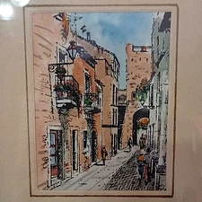 Old World Street Scene MINI Framed Picture Watercolor European Vintage Landscape