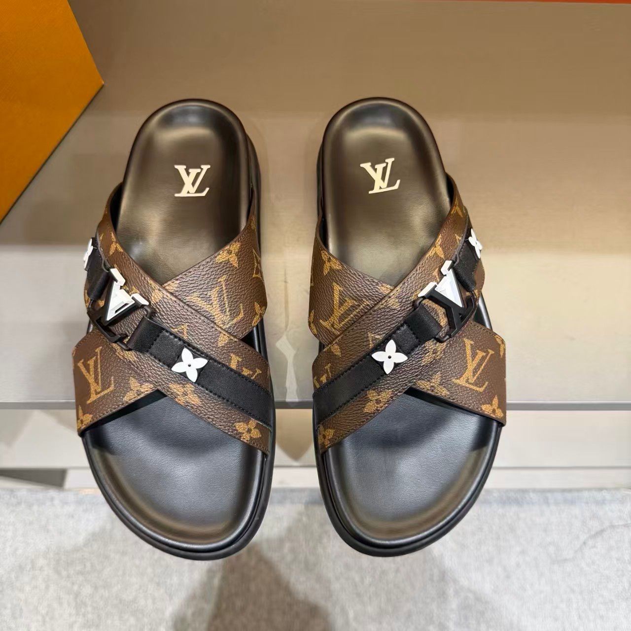 Louis Vuitton Women's Monogram Leather Logo Slip On Slide Sandals Brown/Black 10