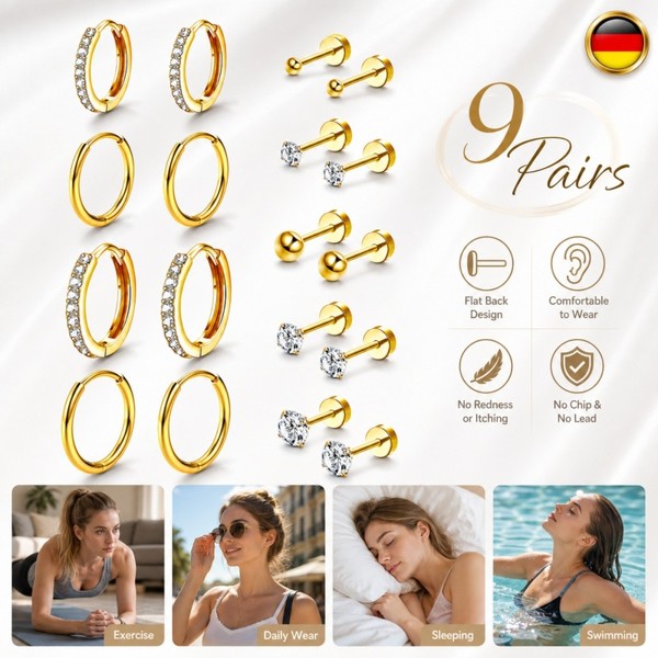 Paar Ohrringe Edelstahl Goldfarben Hypoallergen Zirkonia Modeschmuck Geschenk-image