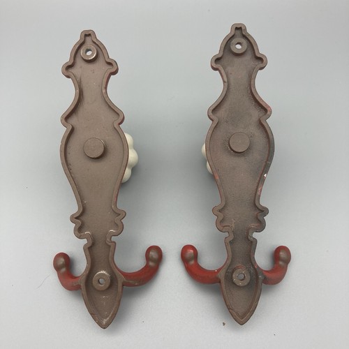 VTG Decorative Cast Iron Coat Hook Hat Knob Set of 2 Distressed Red Granny Core - Picture 2 of 6