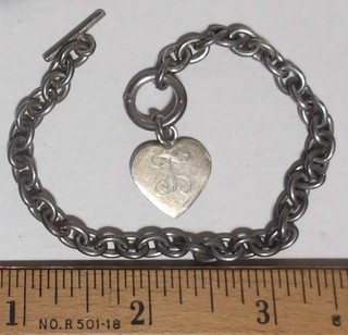 Bracciale a maglie 7 5" ciondolo cuore argento sterling .925 indossabile 18 2 gr INCISO L