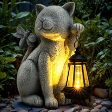 Solar Garden Outdoor Statues Cat with Solar Lantern,Outdoor Cat Figurines Decora
