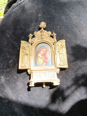 Antique German Brass And Porcelain Religious Tryptic