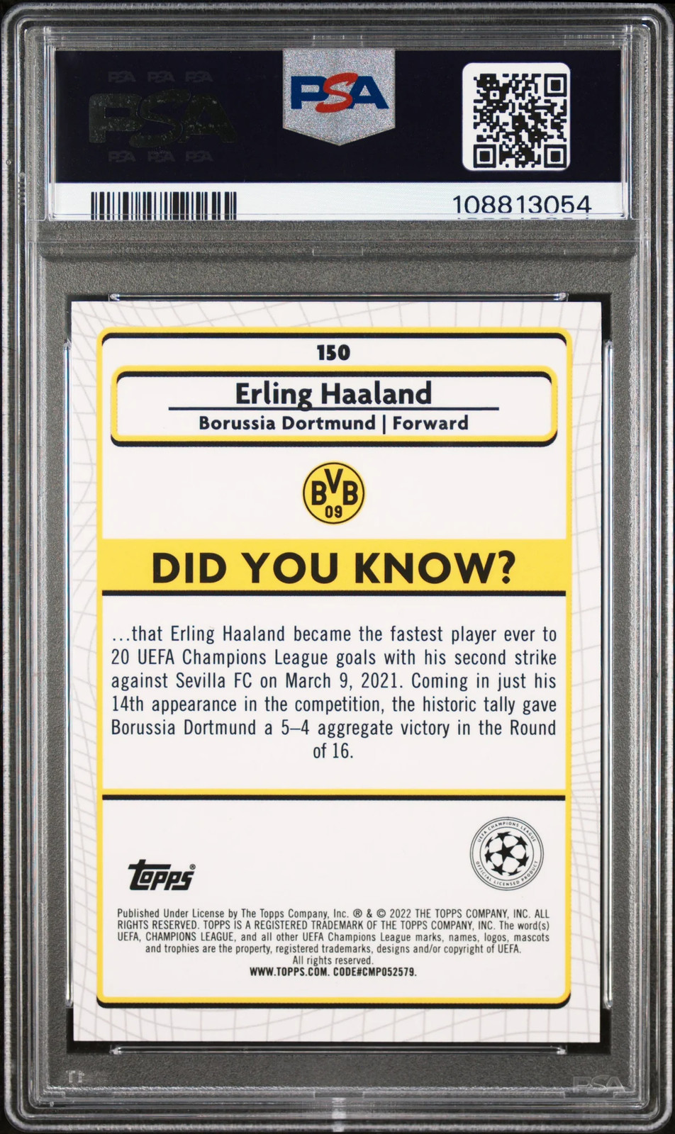 2021-22 Topps Merlin Chrome UEFA League Erling Haaland #150 Aqua PSA 9 view 2