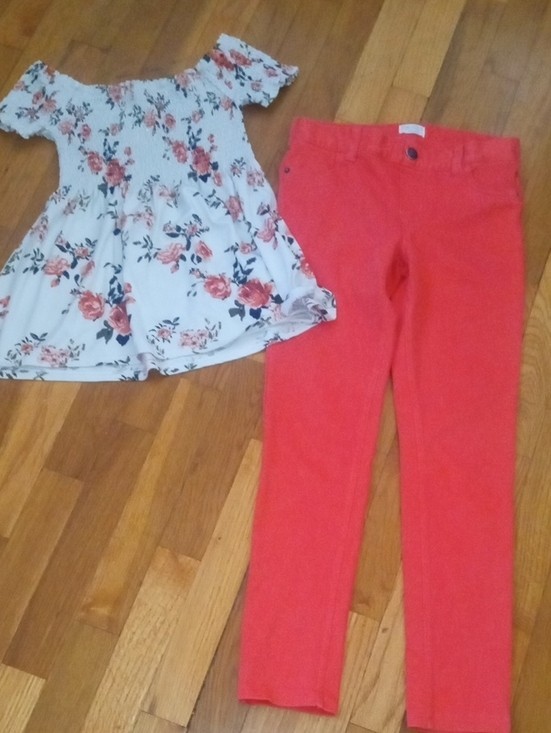 White Floral on/Off Shoulder Top & Coral Pink Skinny Pants girl 10 