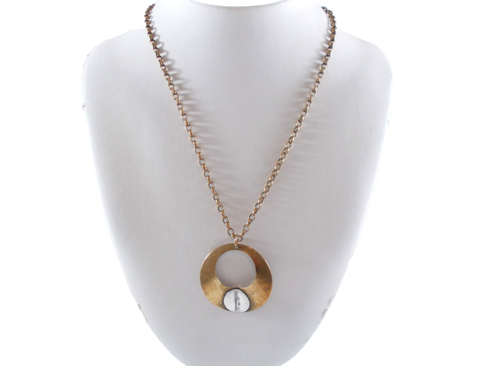 Marjorie Baer SF Mixed Metal Modernist Brass & Silver Pendant Necklace