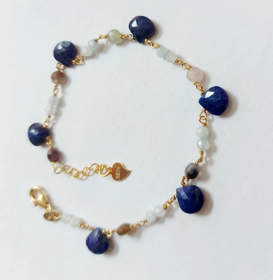 Bracciale in argento 925 dorato oro con acquamarina, tormaline e lapislazzuli  - Immagine 4 di 4