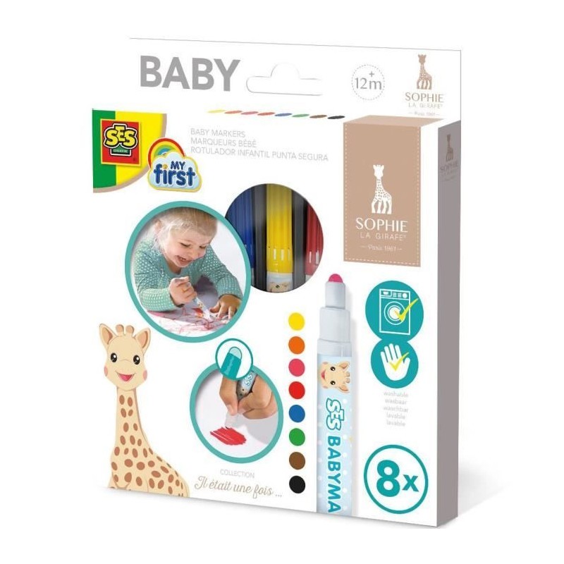 Feutres pour bébé Sophie la Girafe lot de 6 couleurs lavables pour premiers dessins