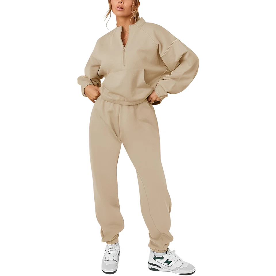 Ensemble de survêtement femme coton beige XXL - Sweat col montant zippé et panta - Photo 1/4