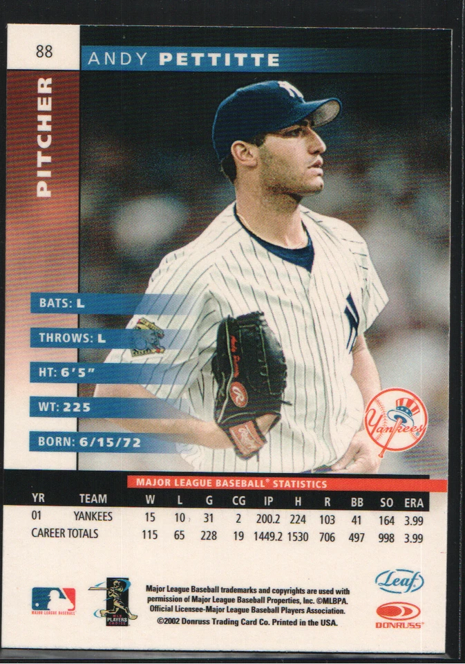 2002 Leaf Press Proofs Red #88 - Andy Pettitte - New York Yankees  02-265 - Image 2 of 2