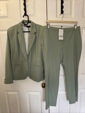 Tuta donna Zara verde e kaki giacca pantaloni taglia UK 14/12 EU42 nuova con etichette