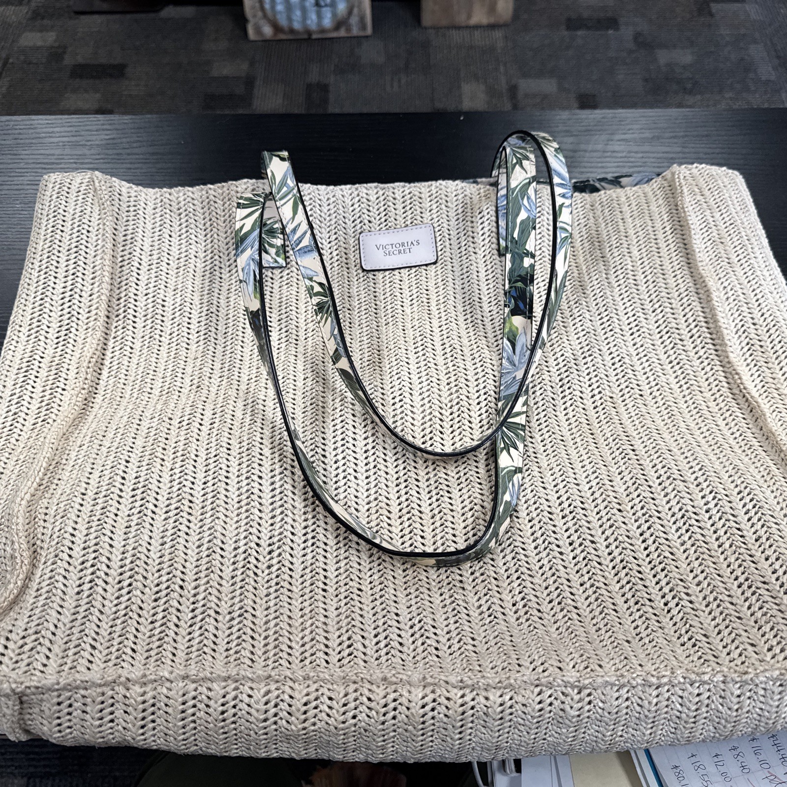 Woven Victoria’s Secret Tote Beach Summer Bag Leaf Pattern Inside