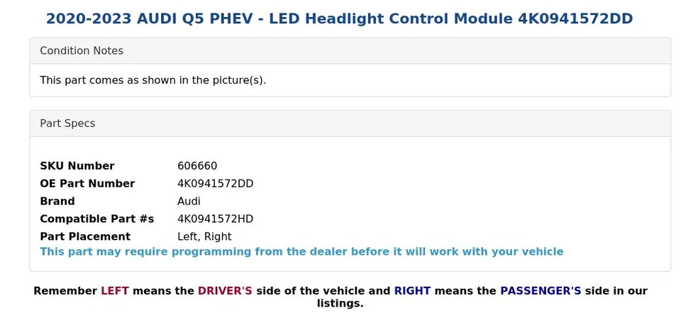 2020-2023 AUDI Q5 PHEV - LED Headlight Control Module 4K0941572DD - Image 4 of 4
