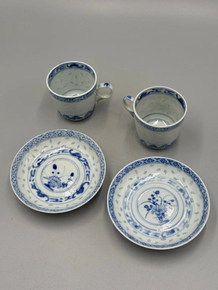 Pair Antique 19th c. Chinese Blue and White Rice Grain Porcelain Cup and Saucer - Image 3 of 4