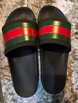 Gucci Pursuit Slide Sandals Black Green Red Web Stripe Logo Straps US 9