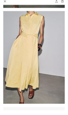 Zara Yellow Sleeveless Collared Midi Shirt Dress Belted Pockets Size L