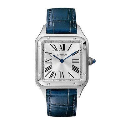 Cartier Santos Dumont XL Silver Dial Blue Leather Strap Watch WSSA0032