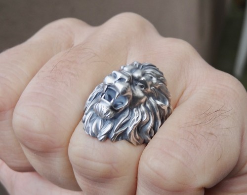 King of Lion Ring Sterling Silver 925 Roaring Head Biker Men Handmade Jewelry - Picture 6 of 6