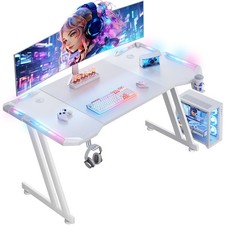 55 '' Gaming Desk with LED Lights, Ergonomic Gaming Table with Cup Holder, White