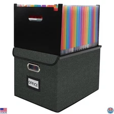 25-Pocket Accordion File Organizer Box with Colored Labels - Portable Dark Grey