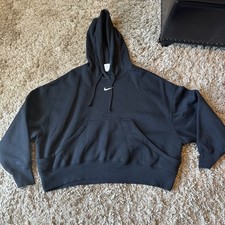 Nike Fleece Hoodie Womens M Oversized Crop Center Swoosh Black Essential