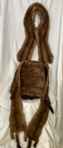 Vintage 3 Piece Mink Set -Hand Muff Collar Real Fur Wrap Novelty Full Body Tail
