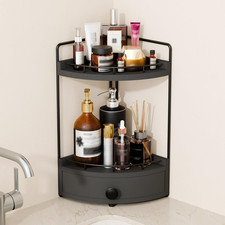 2-Tier Corner Bathroom Countertop Organizer with Drawer, Wooden Vanity Organizer